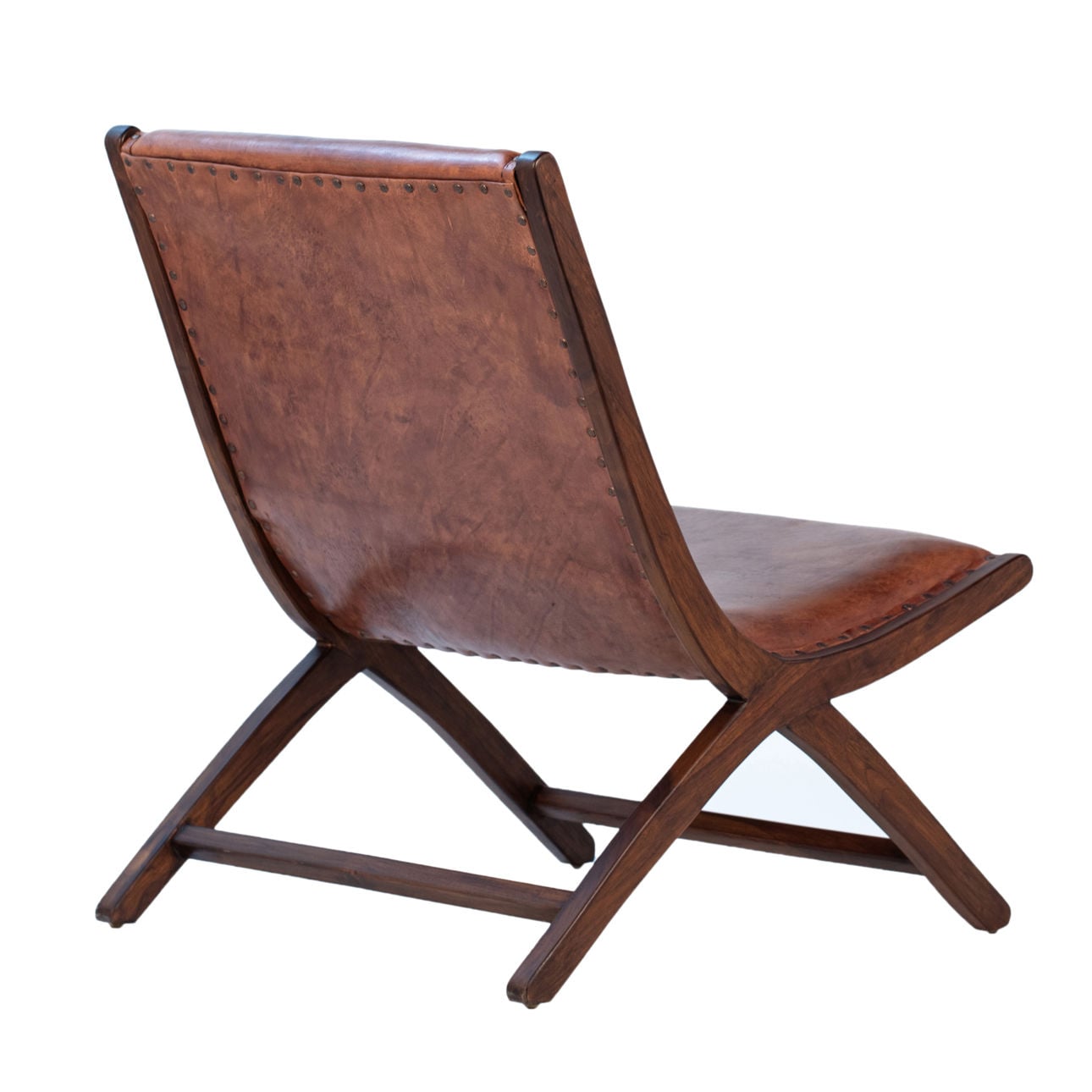 Antique Brown Finish Full Grain Leather Upholstery and Teak Wood Frame Chair 25 in Wide