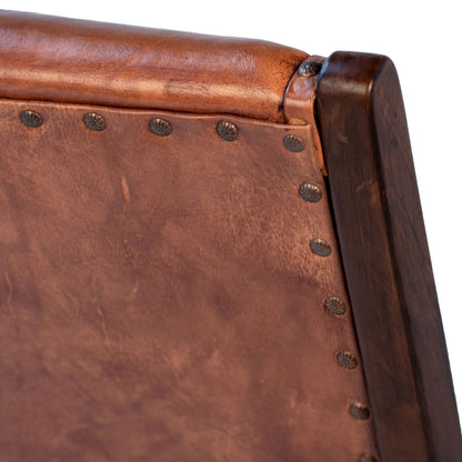 Antique Brown Finish Full Grain Leather Upholstery and Teak Wood Frame Chair 25 in Wide