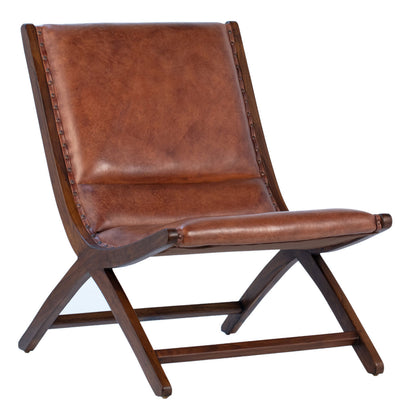 Antique Brown Finish Full Grain Leather Upholstery and Teak Wood Frame Chair 25 in Wide