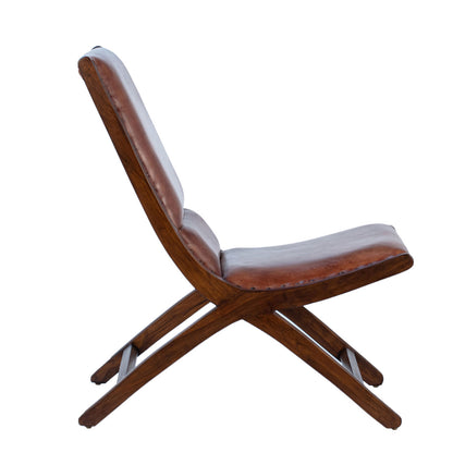 Antique Brown Finish Full Grain Leather Upholstery and Teak Wood Frame Chair 25 in Wide