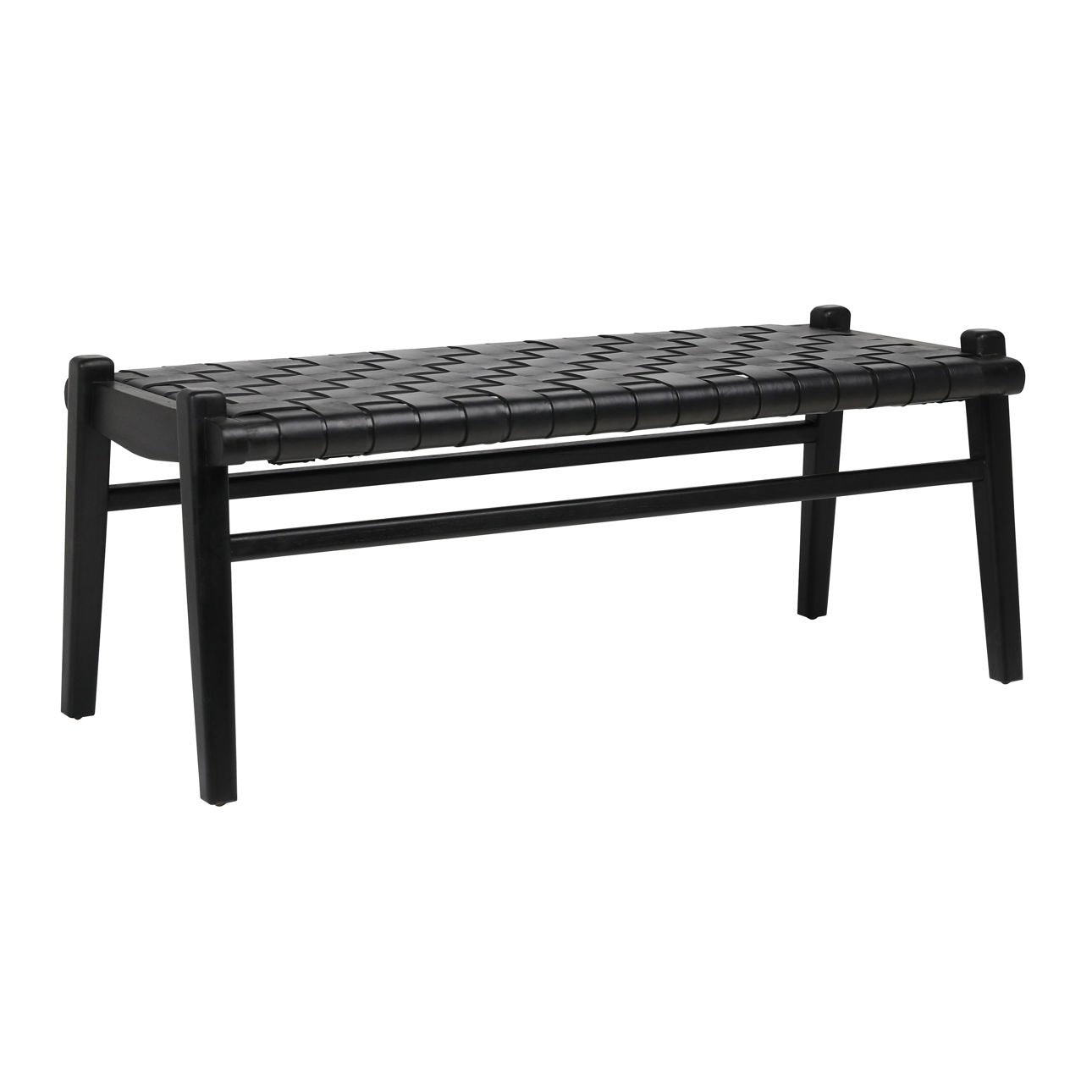 Antique Black Finish Full Grain Leather Upholstery Woven On A Teak Wood Frame Bench 45 in Wide