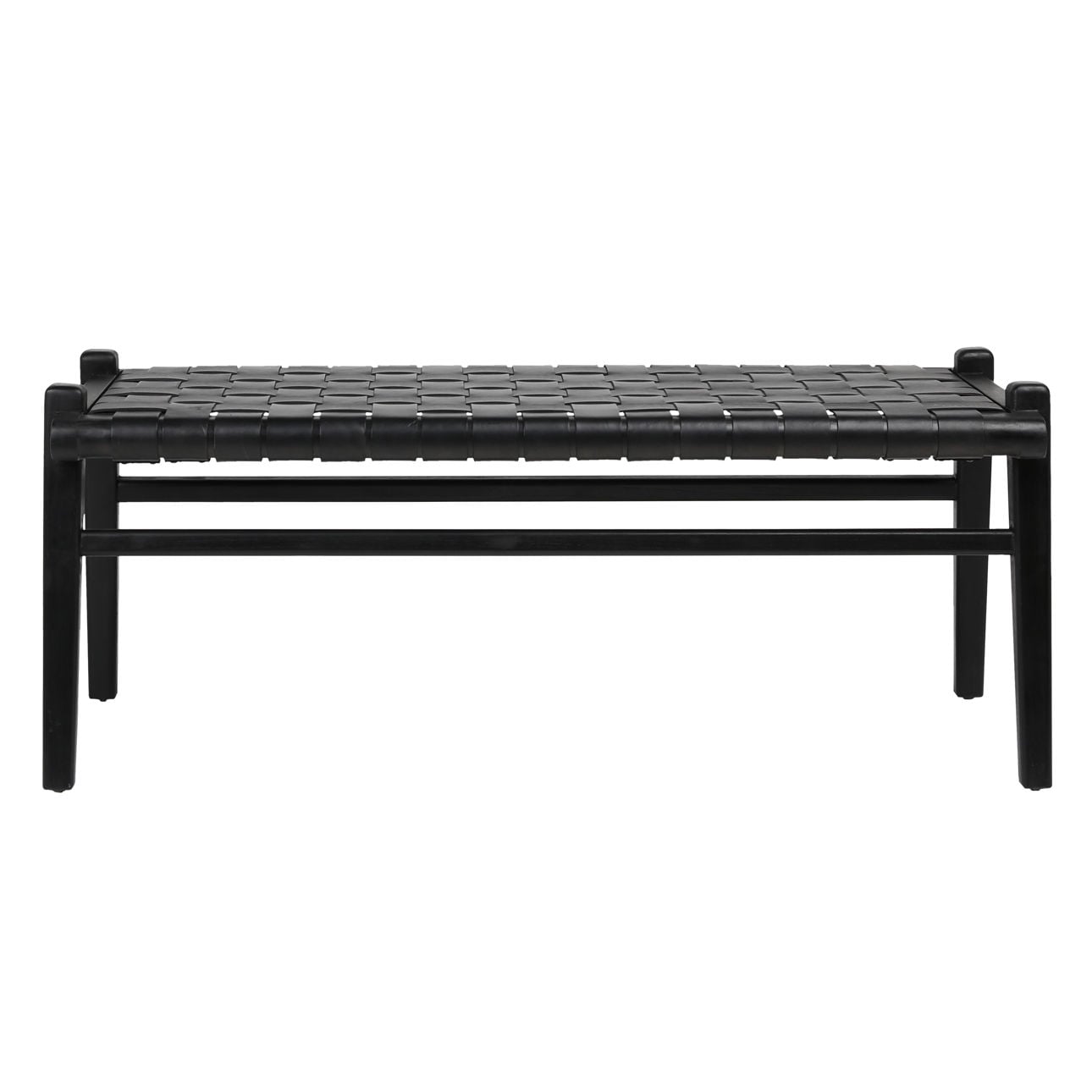 Antique Black Finish Full Grain Leather Upholstery Woven On A Teak Wood Frame Bench 45 in Wide
