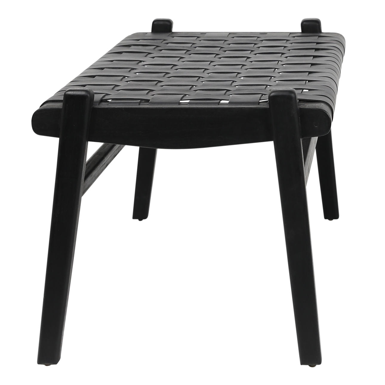 Antique Black Finish Full Grain Leather Upholstery Woven On A Teak Wood Frame Bench 45 in Wide