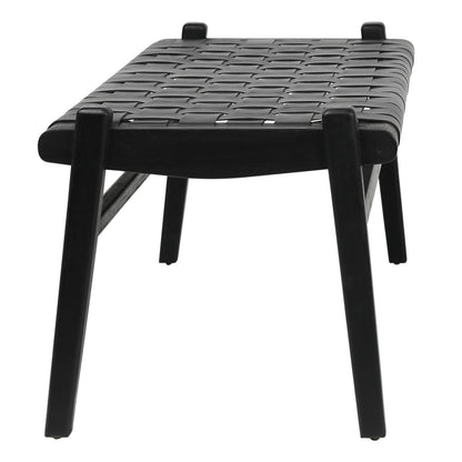 Antique Black Finish Full Grain Leather Upholstery Woven On A Teak Wood Frame Bench 45 in Wide
