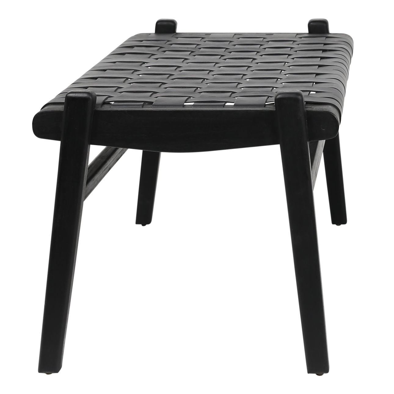 Antique Black Finish Full Grain Leather Upholstery Woven On A Teak Wood Frame Bench 45 in Wide