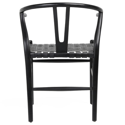 Antique Black Finish Full Grain Leather Upholstery Woven On A Teak Wood Frame Chair 22.5 in Wide