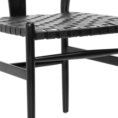 Antique Black Finish Full Grain Leather Upholstery Woven On A Teak Wood Frame Chair 22.5 in Wide