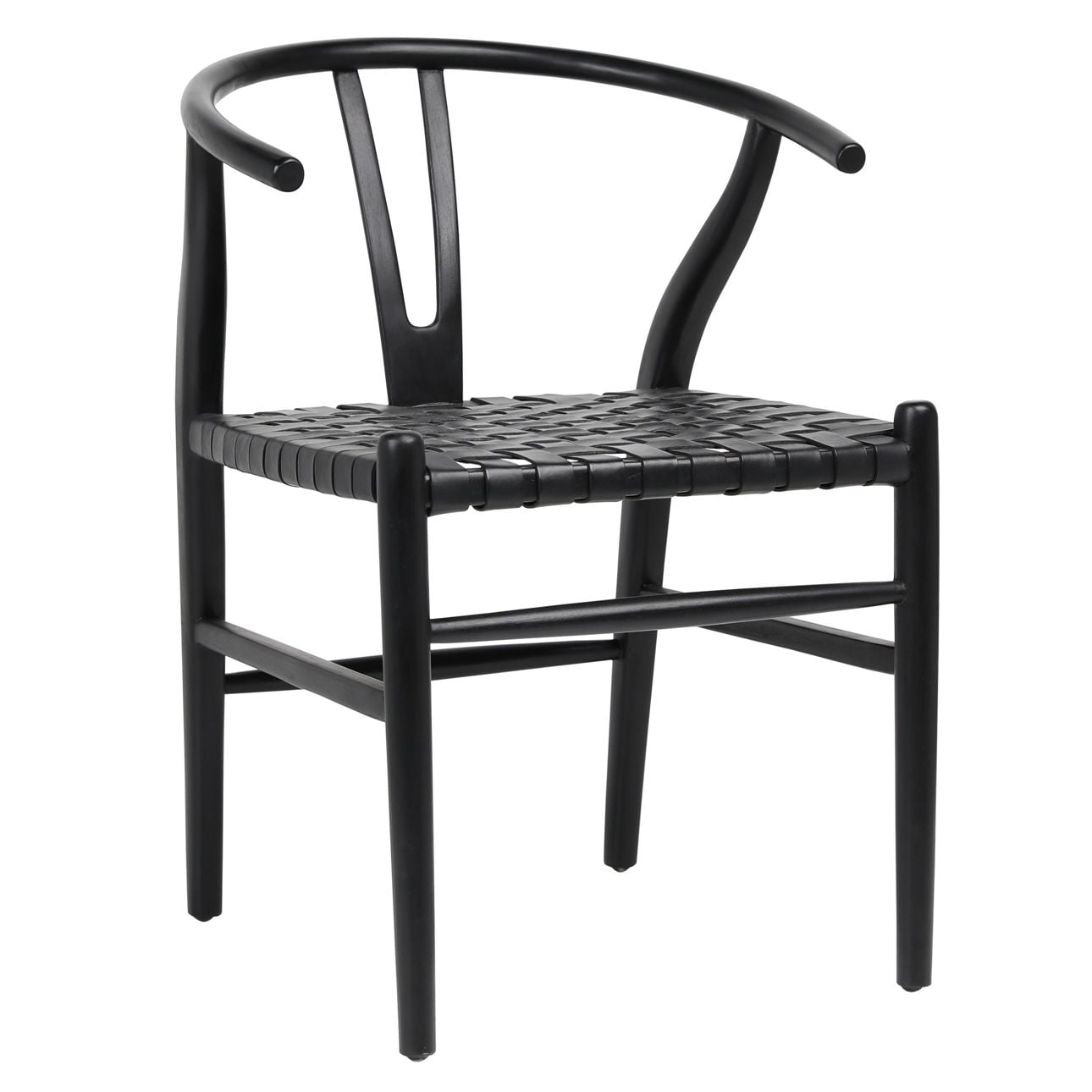 Antique Black Finish Full Grain Leather Upholstery Woven On A Teak Wood Frame Chair 22.5 in Wide