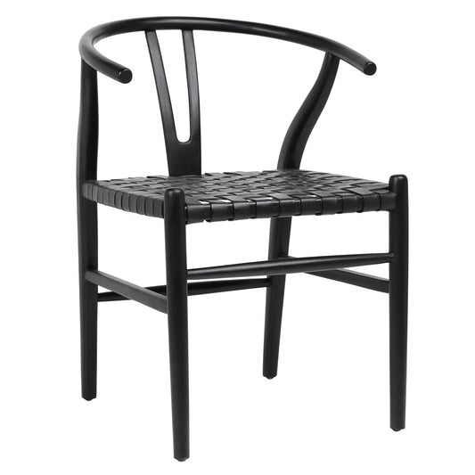 Antique Black Finish Full Grain Leather Upholstery Woven On A Teak Wood Frame Chair 22.5 in Wide