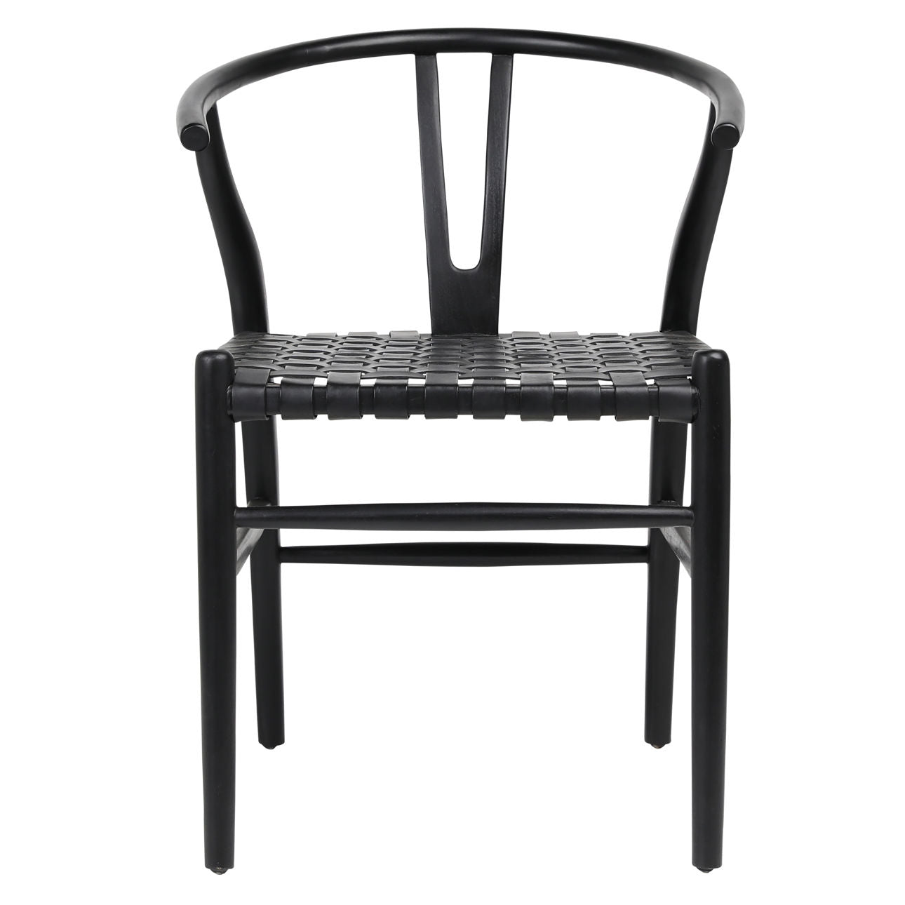 Antique Black Finish Full Grain Leather Upholstery Woven On A Teak Wood Frame Chair 22.5 in Wide