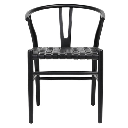 Antique Black Finish Full Grain Leather Upholstery Woven On A Teak Wood Frame Chair 22.5 in Wide