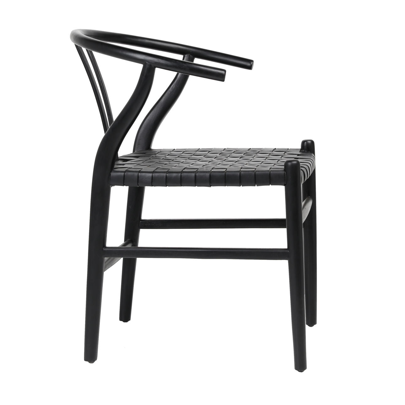 Antique Black Finish Full Grain Leather Upholstery Woven On A Teak Wood Frame Chair 22.5 in Wide