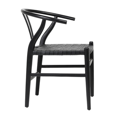 Antique Black Finish Full Grain Leather Upholstery Woven On A Teak Wood Frame Chair 22.5 in Wide