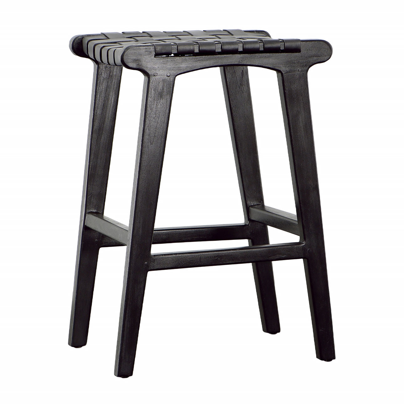 Antique Black Teak Wood and Full Grain Leather Stool 17 in Wide