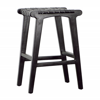 Antique Black Teak Wood and Full Grain Leather Stool 17 in Wide