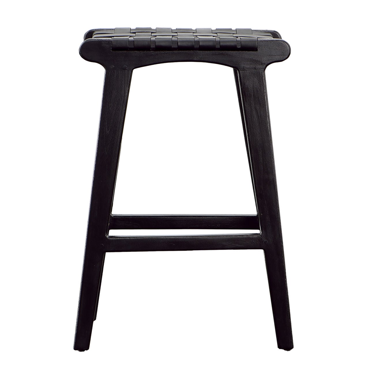 Antique Black Teak Wood and Full Grain Leather Stool 17 in Wide