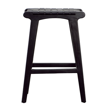 Antique Black Teak Wood and Full Grain Leather Stool 17 in Wide
