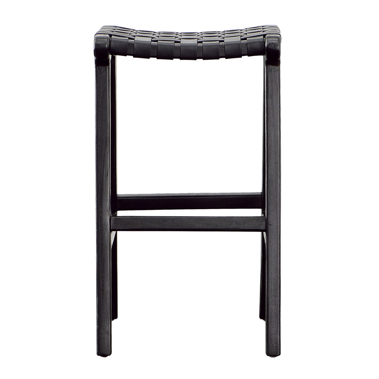 Antique Black Teak Wood and Full Grain Leather Stool 17 in Wide