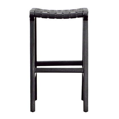 Antique Black Teak Wood and Full Grain Leather Stool 17 in Wide