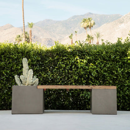 Dark Grey Concrete Finish and Natural Wood Sealed Top Lightweight Concrete and Teak Wood Bench 67 in Wide