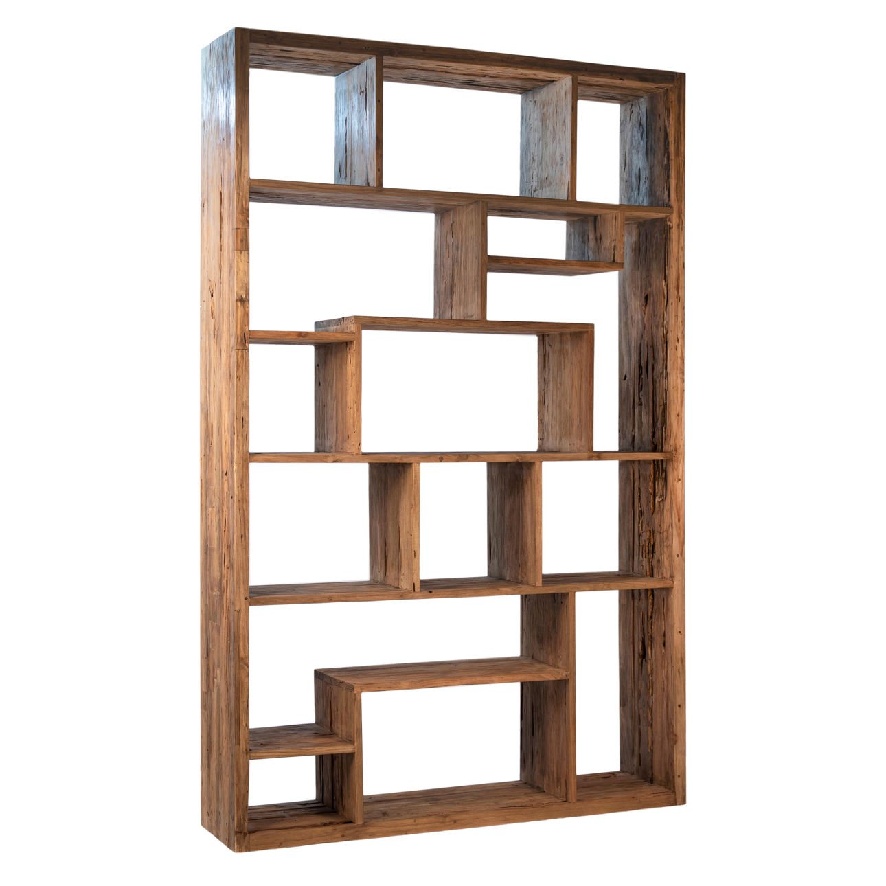 Medium Brown Wood Sealed Finish Reclaimed Teak Wood Bookcase 55 in Wide