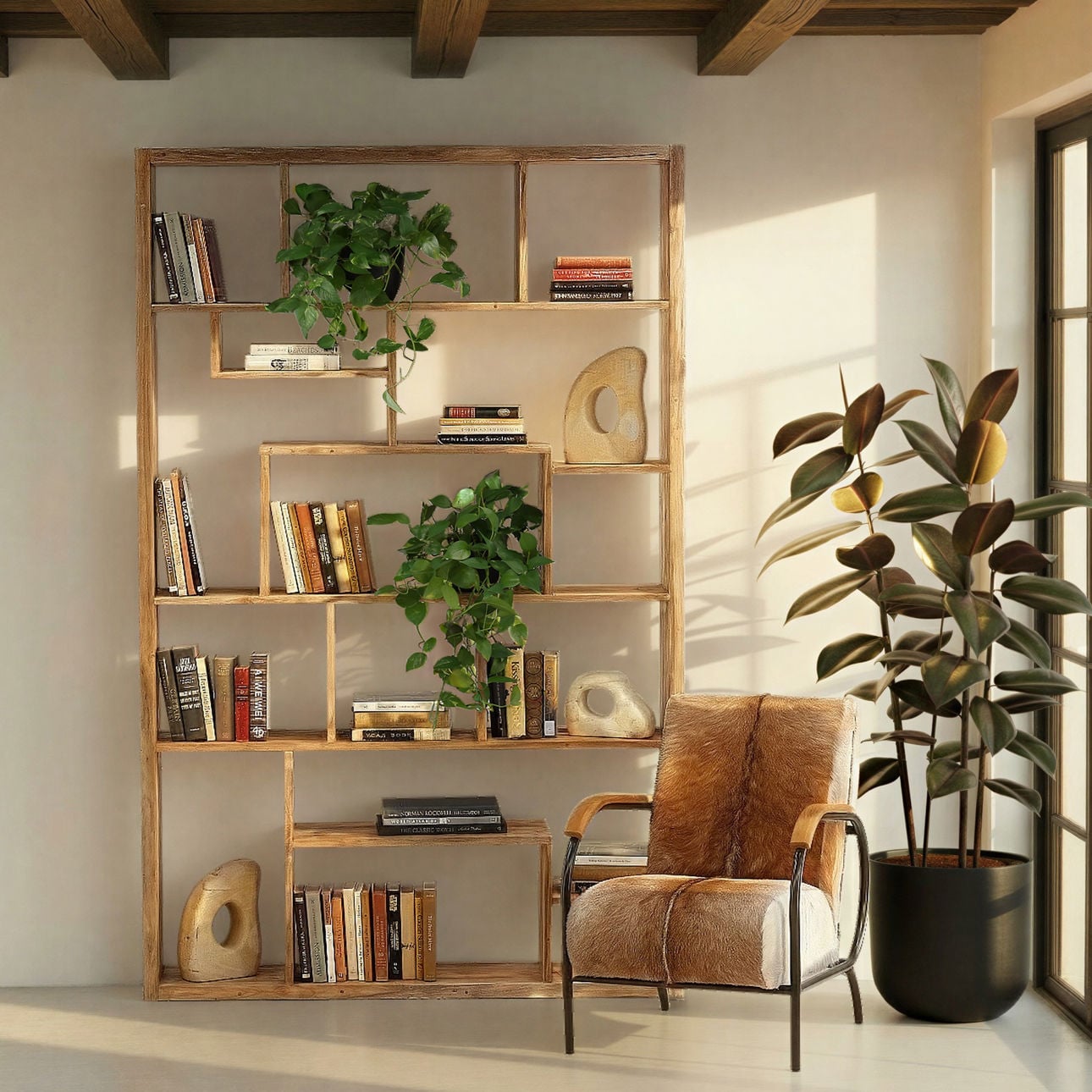 Medium Brown Wood Sealed Finish Reclaimed Teak Wood Bookcase 55 in Wide