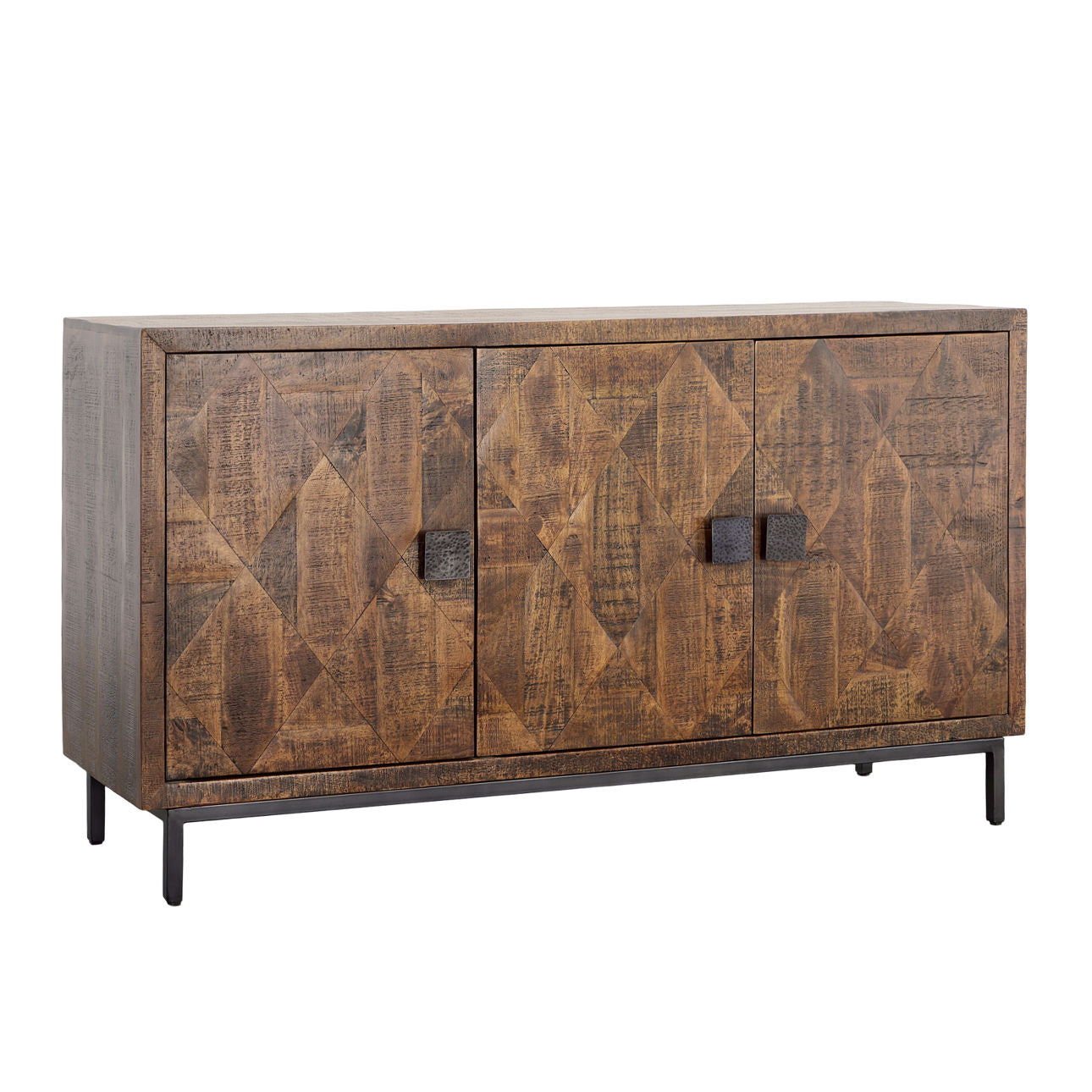 Medium Brown, Antique Black Base and Hammered Handles Mango Wood, Iron and Metal Sideboard 63 in Wide