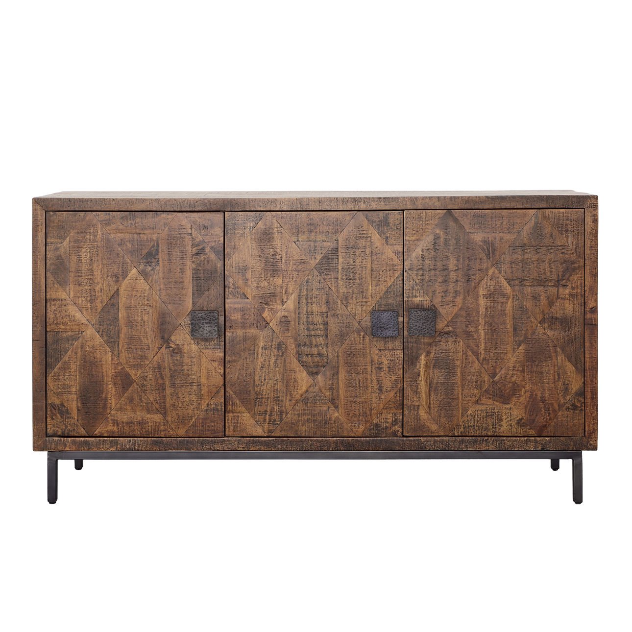 Medium Brown, Antique Black Base and Hammered Handles Mango Wood, Iron and Metal Sideboard 63 in Wide