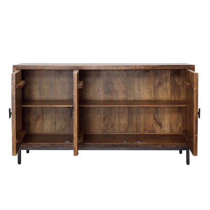 Medium Brown, Antique Black Base and Hammered Handles Mango Wood, Iron and Metal Sideboard 63 in Wide