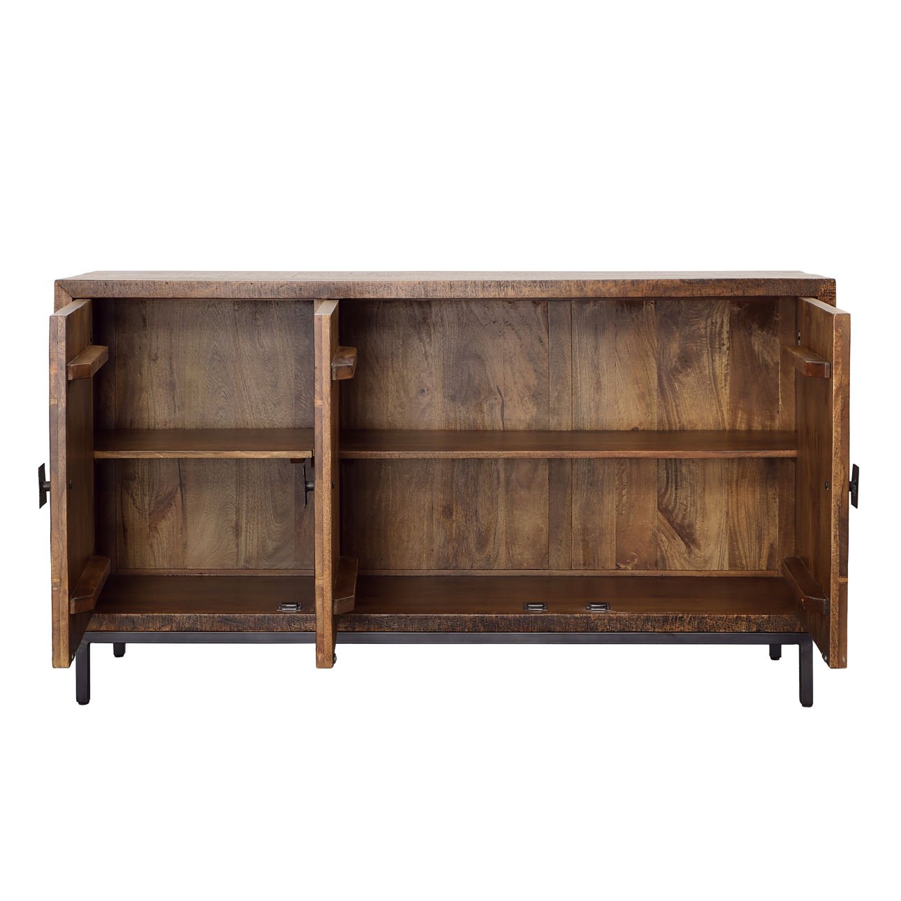 Medium Brown, Antique Black Base and Hammered Handles Mango Wood, Iron and Metal Sideboard 63 in Wide