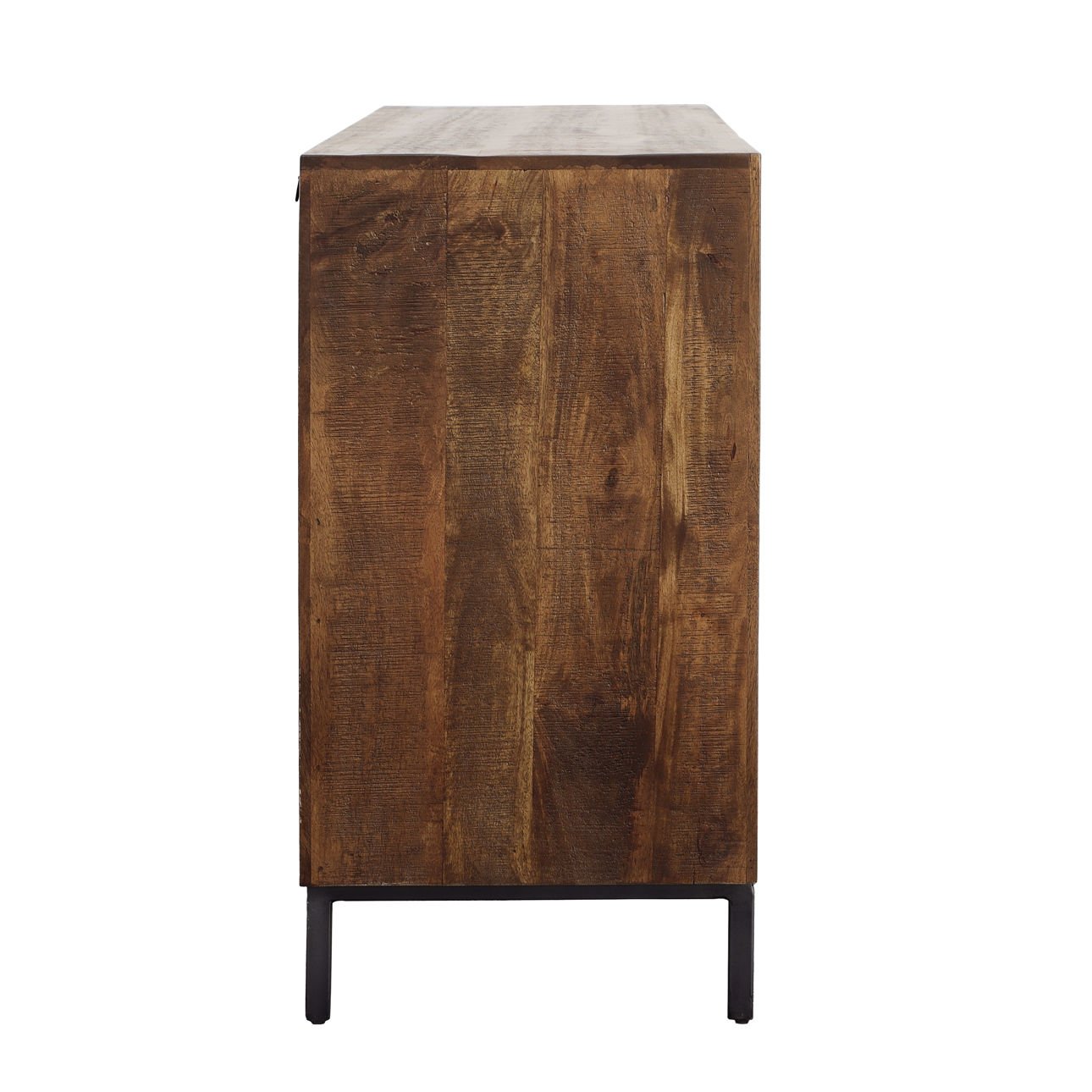 Medium Brown, Antique Black Base and Hammered Handles Mango Wood, Iron and Metal Sideboard 63 in Wide