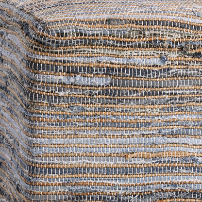Denim Blue and Natural Jute Finish Recycled Denim and Jute Upholstery with Wood Filler Ottoman 18 in Wide