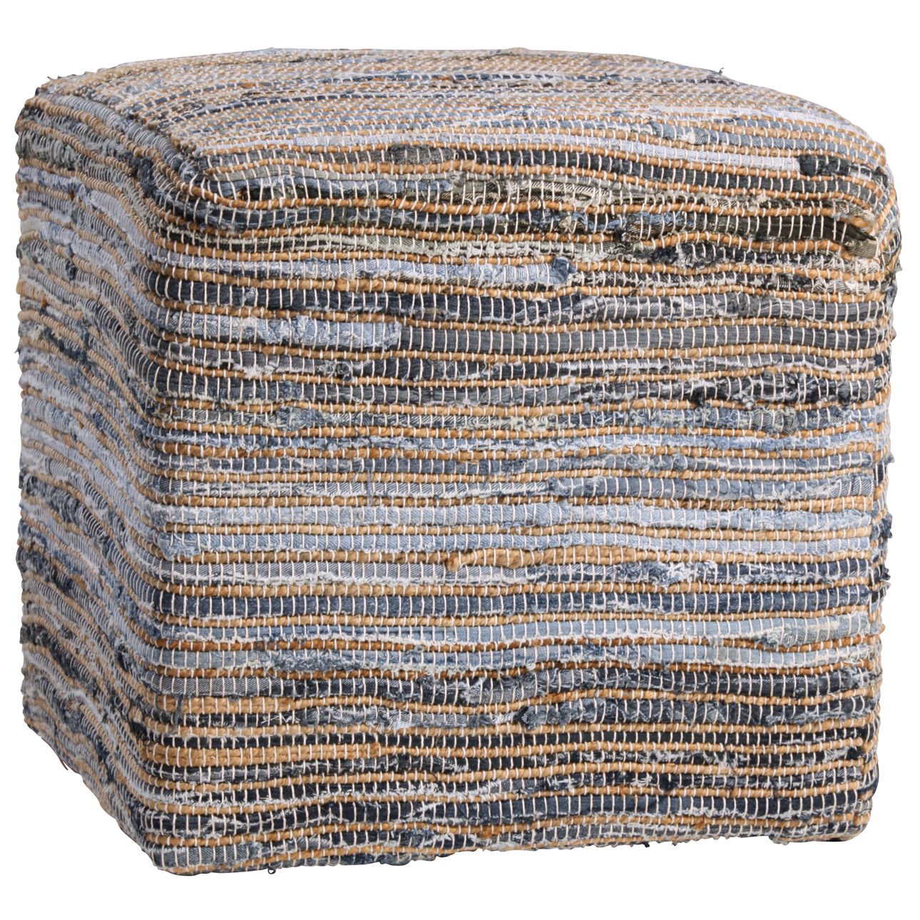 Denim Blue and Natural Jute Finish Recycled Denim and Jute Upholstery with Wood Filler Ottoman 18 in Wide