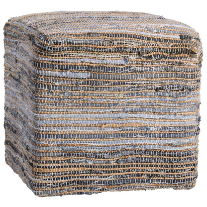 Denim Blue and Natural Jute Finish Recycled Denim and Jute Upholstery with Wood Filler Ottoman 18 in Wide