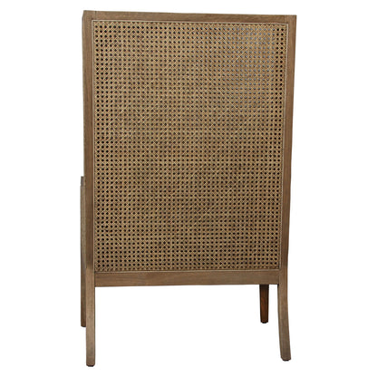 Natural Wood Finish and Off White Fabric Oak Wood Frame with Rattan and Cotton Upholstery Chair 30 in Wide