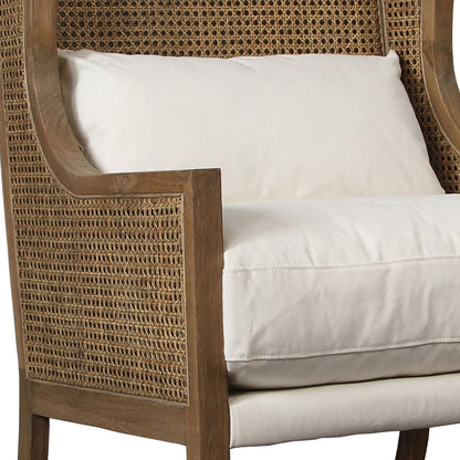 Natural Wood Finish and Off White Fabric Oak Wood Frame with Rattan and Cotton Upholstery Chair 30 in Wide