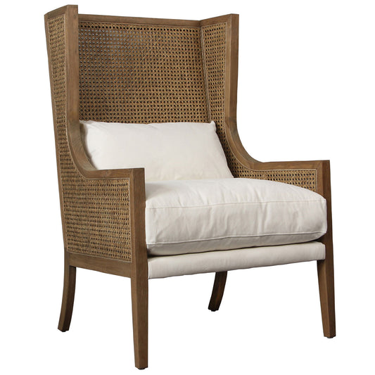 Natural Wood Finish and Off White Fabric Oak Wood Frame with Rattan and Cotton Upholstery Chair 30 in Wide