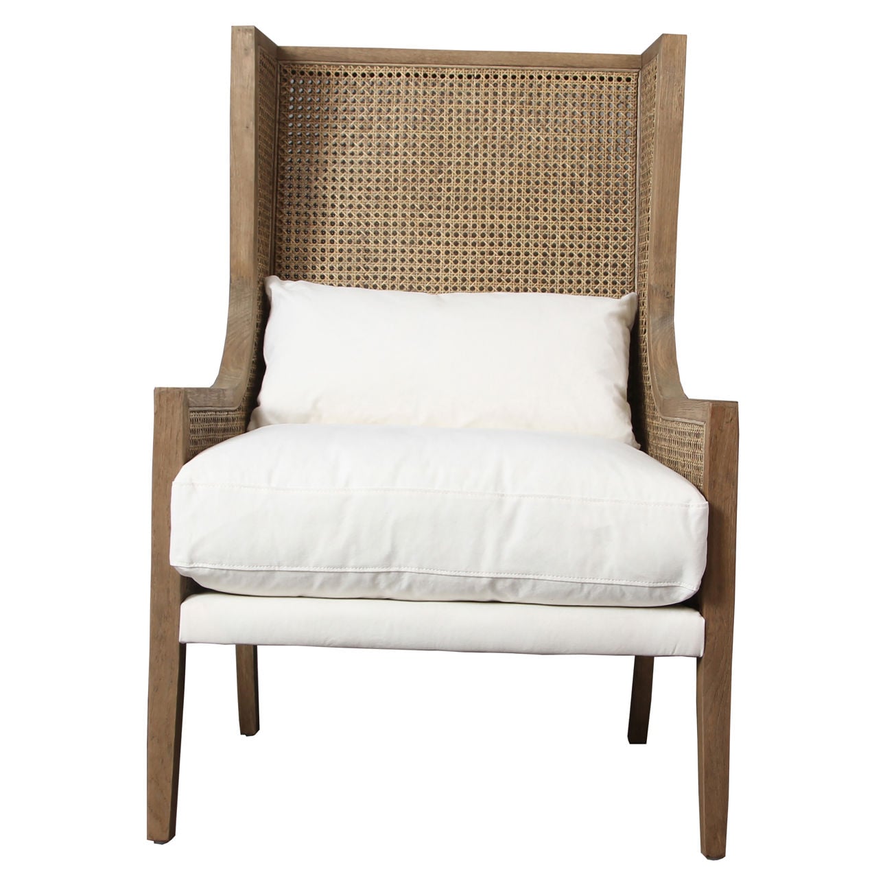 Natural Wood Finish and Off White Fabric Oak Wood Frame with Rattan and Cotton Upholstery Chair 30 in Wide