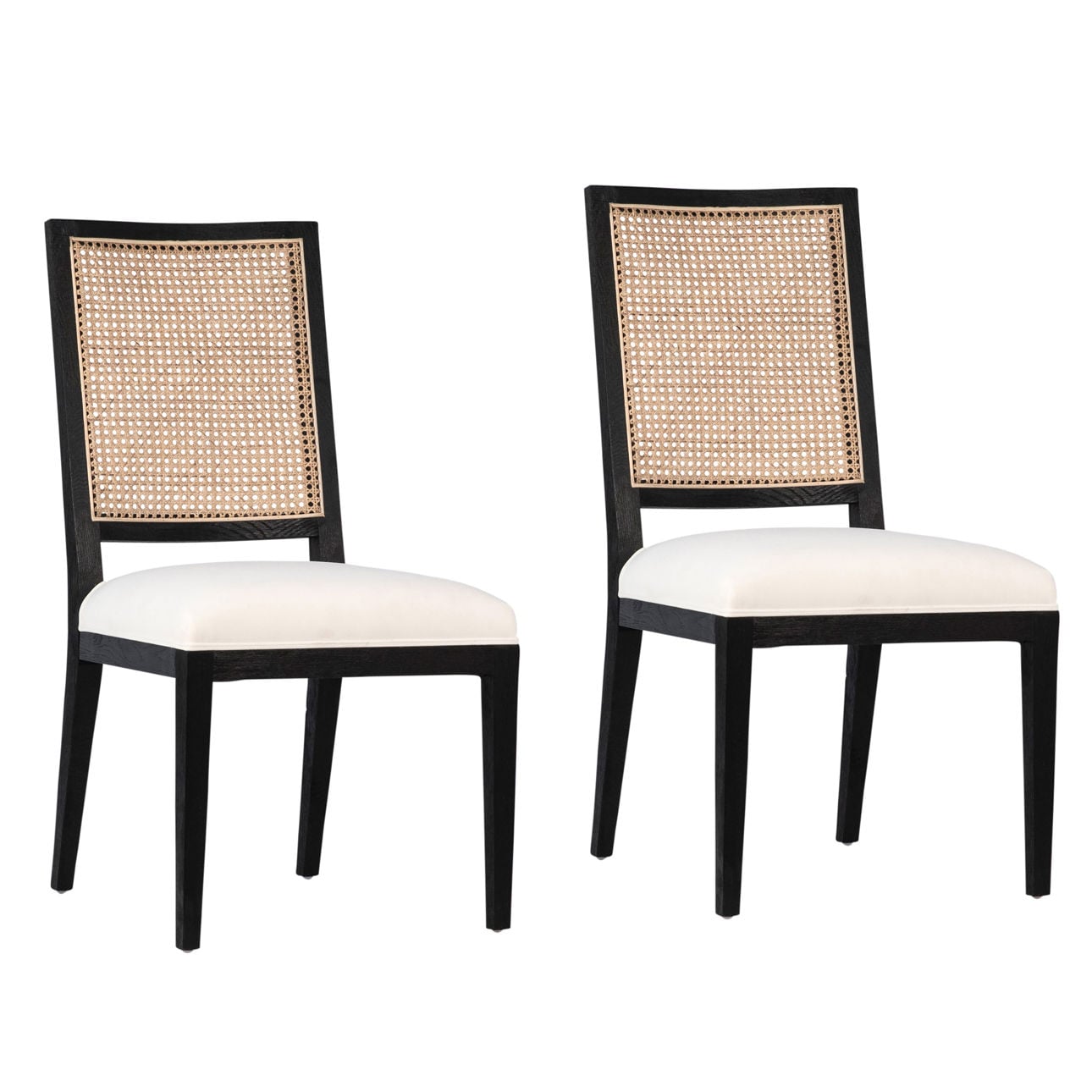 Antique Black Frame with Natural Rattan and White Fabric Oak Wood Frame with Rattan and Cotton Upholstery Chair 20 in Wide