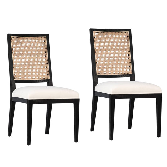 Antique Black Frame with Natural Rattan and White Fabric Oak Wood Frame with Rattan and Cotton Upholstery Chair 20 in Wide