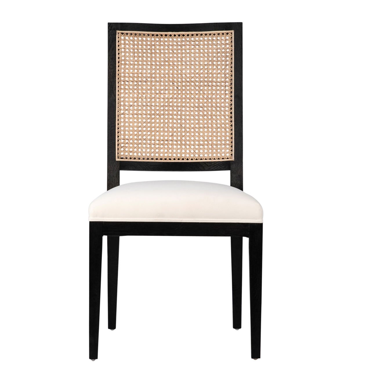 Antique Black Frame with Natural Rattan and White Fabric Oak Wood Frame with Rattan and Cotton Upholstery Chair 20 in Wide