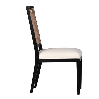 Antique Black Frame with Natural Rattan and White Fabric Oak Wood Frame with Rattan and Cotton Upholstery Chair 20 in Wide