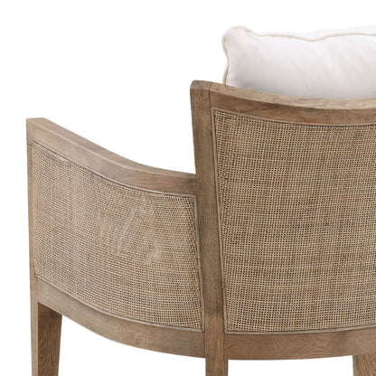 Natural Wood and Rattan Finish and Off White Fabric Oak Wood Frame with Rattan and Cotton Blend Upholstery Chair 27.5 in Wide