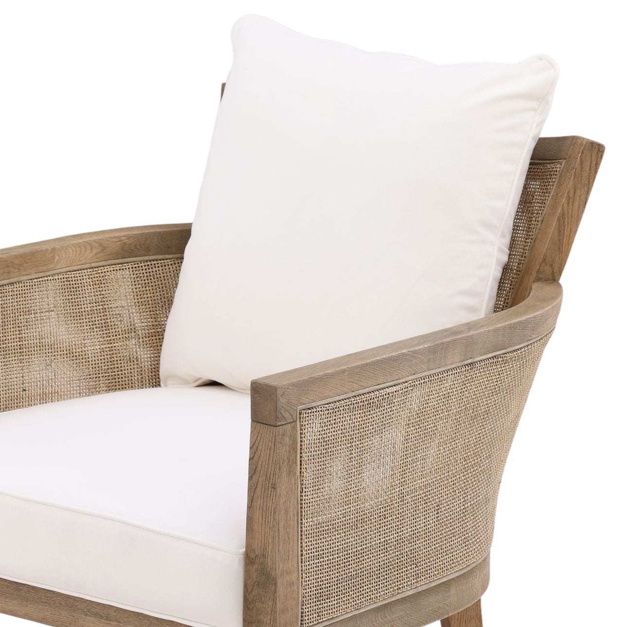 Natural Wood and Rattan Finish and Off White Fabric Oak Wood Frame with Rattan and Cotton Blend Upholstery Chair 27.5 in Wide