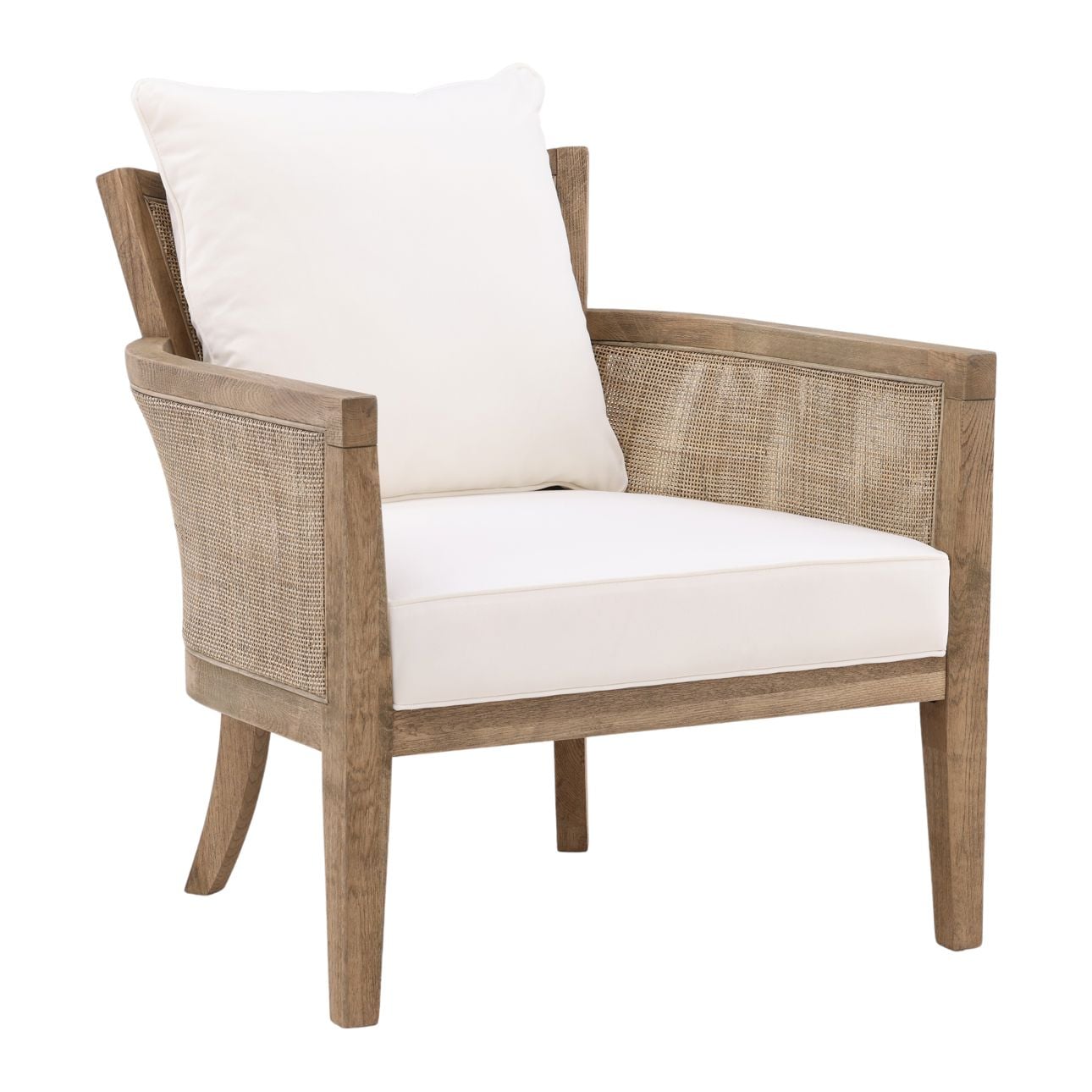 Natural Wood and Rattan Finish and Off White Fabric Oak Wood Frame with Rattan and Cotton Blend Upholstery Chair 27.5 in Wide