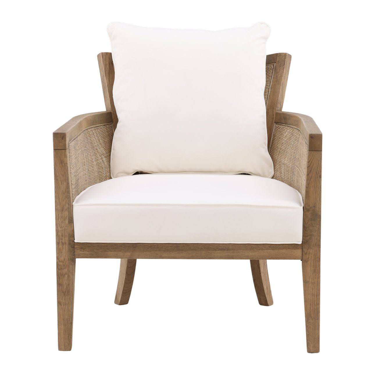 Natural Wood and Rattan Finish and Off White Fabric Oak Wood Frame with Rattan and Cotton Blend Upholstery Chair 27.5 in Wide