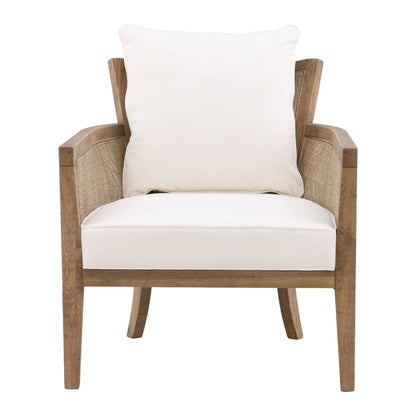Natural Wood and Rattan Finish and Off White Fabric Oak Wood Frame with Rattan and Cotton Blend Upholstery Chair 27.5 in Wide