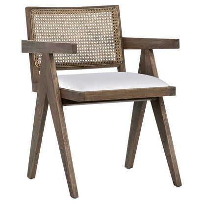 Grey Wash Finish and White Seat Oak Wood Frame with Rattan Back and Linen Seat Chair 22 in Wide