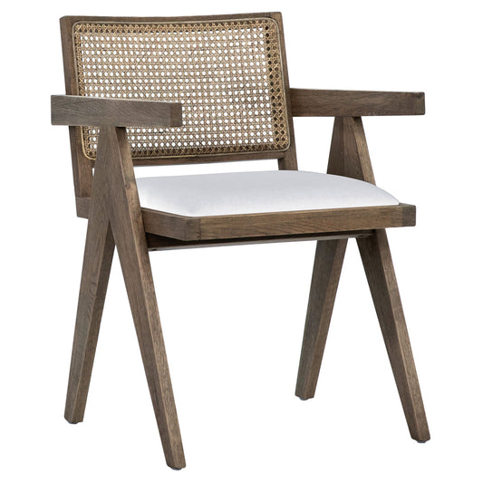 Grey Wash Finish and White Seat Oak Wood Frame with Rattan Back and Linen Seat Chair 22 in Wide