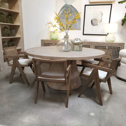 Grey Wash Finish and White Seat Oak Wood Frame with Rattan Back and Linen Seat Chair 22 in Wide